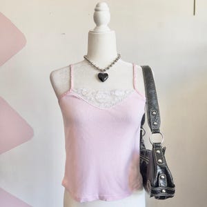 Vintage Pink Lace Trim Tank Top, Coquette Y2K Romantic Fairycore Soft Girl Small