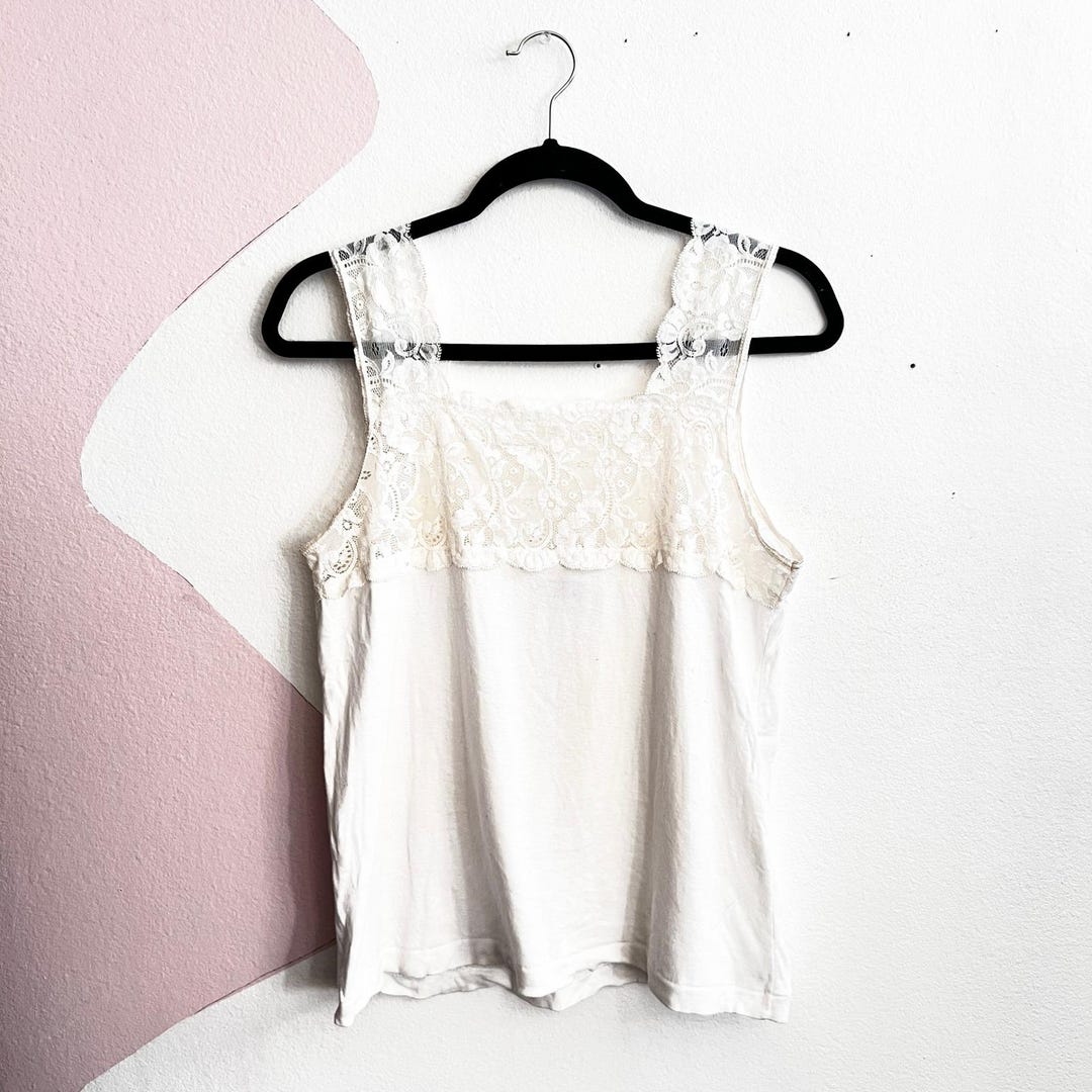 Vintage White Lace Trim Tank Top Coquette Balletcore Y2K Lingerie