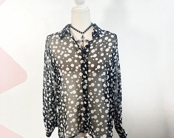 VTG Y2k Polka Dot Sheer Button Down Blouse Top Black Clowncore