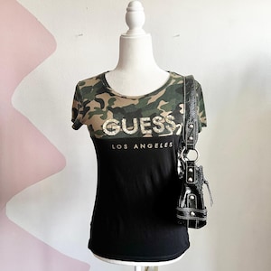 Vintage Y2K Guess Sequin Camo Top, 2000s Glam Clubwear Grunge McBling Medium