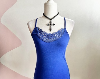 Regata vintage com acabamento em renda azul Coquette Y2K Romântico Vintage Fairycore Pequeno