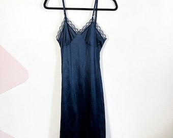 Vintage Nylon Slip Dress Size 34 Navy Blue Lace Accent 90s Dark Coquette