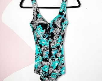 Traje de baño Maxine of Hollywood para mujer, talla 12, estampado floral, fruncido, de una pieza, elástico y que estiliza la figura.
