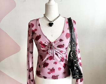 Top estilo babydoll vintage rosa em tule, estilo anos 2000, romântico, coquete e retrô, tamanho XS.