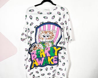 Vintage 90er Jahre Teddy Bär Schlaf Hemd Nachthemd Nachthemd Weiß One Size Baumwolle