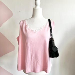 Vintage Pink Lace Trim Tank Top, Coquette Y2K Romantic Fairycore Soft Girl XL