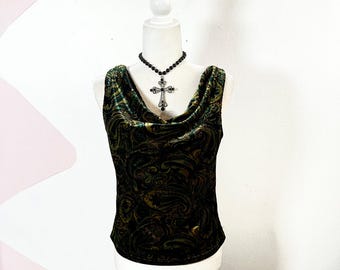 Vintage Y2K Paisley fluwelen tanktop, medium groen, Whimsigoth Fairy Grunge Goth