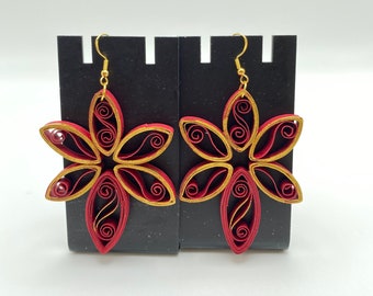 Dangle Earrings Paper Quilling , Jewelry, red touch gold star, Valentines Gift