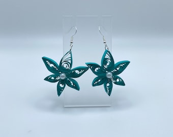 Dangle Earrings Quilling , Paper Jewelry, Turquoise Floral shape, Valentines Gift