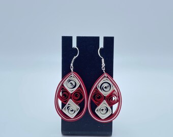 Dangle Earrings Quilling , Paper Jewelry, Red-white teardrops shape, Valentines Gift