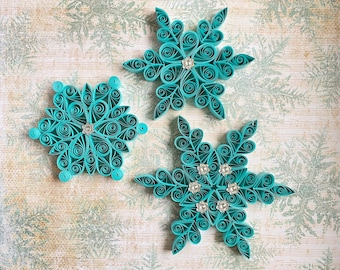 Turquoise Snowflake Ornaments, Christmas tree decorations, Paper Quilling Christmas, gift topper