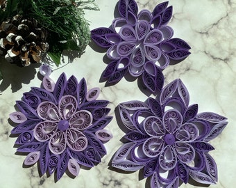 Ornaments Quilling Christmas tree , Set of three Paper Quilled purple Snowflake,  Xmas,Christmas decorations, Sun catcher