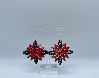 Dangle Earrings Paper Quilling, Jewelry, Green, Red snowflake, Valentines Gift