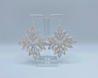 Dangle Earrings Paper Quilling , Jewelry, Pearlized White snowflake, Valentines Gift