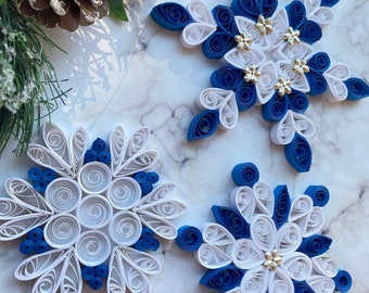 Snowflake Ornament, White-blue Paper Quilling Christmas tree decorations, set of three, Sun catcher