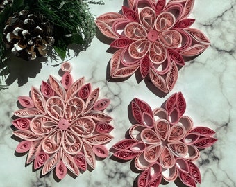 Quilling Christmas tree Ornaments, Set of three Paper Quilled pink Snowflake,  Xmas,Christmas decorations, Sun catcher
