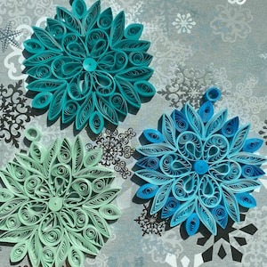 Adorno de copo de nieve, decoración para árbol de Navidad, papel azul turquesa para filigrana navideña, adorno para regalo