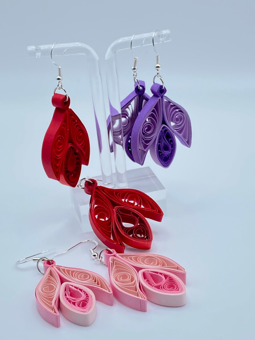 Dangle Earrings Quilling , Paper Jewelry, Pink Purple Red Tulip Floral