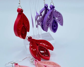 Dangle Earrings Quilling , Paper Jewelry, Pink Purple Red Tulip Floral shape, Valentines Gift