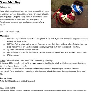 May include: A red, gold, and blue scale mail bag with a black drawstring. The bag is made with scales and yarn and is a great way to carry dice, coins, or other small items. The text in the image reads: "Scale Mail Bag" and "Created with my love of bags and dragons combined, here is a satchel for your dice, coins, or other precious valuables that requires a Dragon's scales level of protection. These will also make wonderful additions to any LARP or Renaissance costume for a lad, lass, or people of any realm."