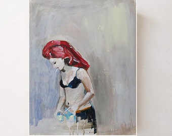 Original Abstract Painting on canvas paper,small Abstract painting,woman wearing a red towel,