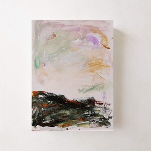May include: Abstract painting with a dark green and black landscape at the bottom and a light pink, purple, and yellow sky at the top.