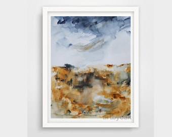 Könnte beinhalten: Abstrakte Aquarellmalerei einer Landschaft mit einem stürmischen Himmel. Der Himmel ist dunkelblau mit weißen Wolken. Die Landschaft ist eine Mischung aus Braun, Gelb und Grau.
