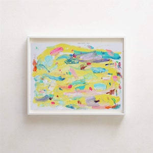 May include: Abstract painting with a yellow background and colorful brushstrokes in shades of blue, pink, green, and purple.