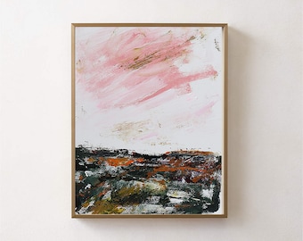 16x12''original acrylic abstract painting, deep green ,pink bstract, abstract painting,landscape,abstract landscape