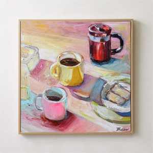 May include: A painting of a still life with three mugs of coffee and a red coffee pot on a pink and yellow table. The mugs are yellow, pink, and blue. There is a plate with two pieces of toast on the table.