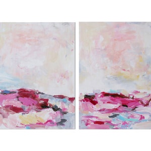 16x12&#39;&#39; pink original acrylic abstract painting,set of 2 painting, abstract painting,landscap,abstract landscap