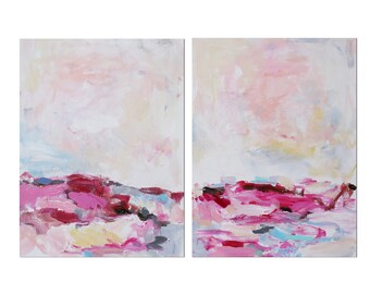 16x12'' pink original acrylic abstract painting,set of 2 painting, abstract painting,landscap,abstract landscap