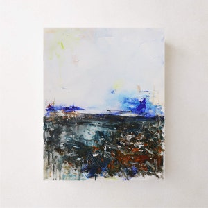 May include: Abstract painting with a blue sky and a dark, textured landscape. The painting is done in a loose, gestural style with a variety of brushstrokes.