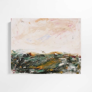 May include: Abstract painting with a green and brown landscape at the bottom and a light pink and beige sky at the top.