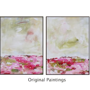 May include: Two framed abstract paintings. The artwork features a landscape with a pink and red floral foreground, a light green mid-ground, and a white and light green sky. The text "Original Paintings" is below the artwork.