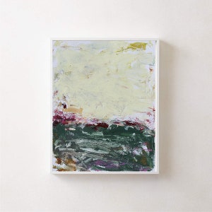 May include: Abstract painting with a yellow, white, and green color scheme. The painting has a textured surface and appears to be painted with a brush.