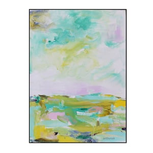 May include: Abstract painting with a light purple, green, and yellow color scheme. The painting features a landscape with a sky and a horizon line. The artist's signature, "artbyoak", is in the bottom right corner.