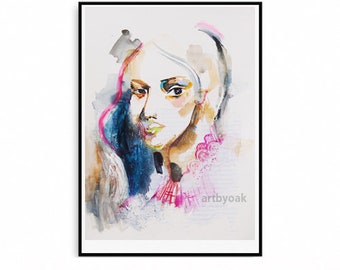 woman portrait on paper,original painting,original abstract art,mixed media,collage art,watercolor