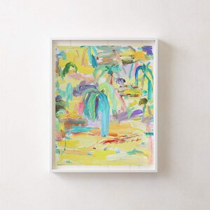 May include: Abstract painting of a tropical scene with palm trees and a yellow background. The painting is done in a loose, gestural style with bright colors.