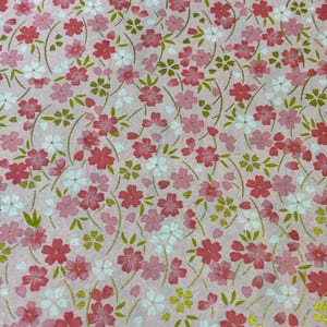 Japanese Yuzen Chiyogami Washi Paper – KW014 – Soft Red & Blue Blossoms with Gold Highlights on Blush