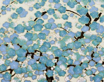 Papier japonais Yuzen Chiyogami (Y0674) - Fleurs de prunier bleu