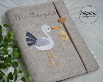 Personalized maternity record book cover, felt, stork, beige melange