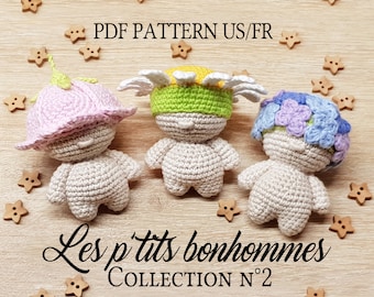 Patron PDF de 3 p'tits bonhommes au crochet (FR/US)- Collection 2, patron 3 en 1 de mini poupées au crochet, tutoriel Amigurumi