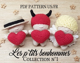 Patron PDF de 3 p'tits bonhommes au crochet (FR/US)- Collection 1, patron 3 en 1 de mini poupées au crochet, tutoriel Amigurumi