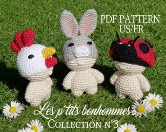 Patron PDF de 3 p'tits bonhommes au crochet (FR/US)- Collection 3, patron 3 en 1 de mini poupées au crochet, tutoriel Amigurumi, Pâques