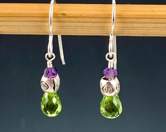 Vesuvinite, amethyst and sterling silver earrings