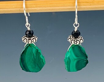 Malachite, onyx and sterling silver earrings.