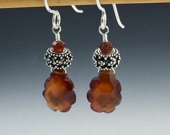 Unique Hand cut Hessonite garnet and sterling silver earrings