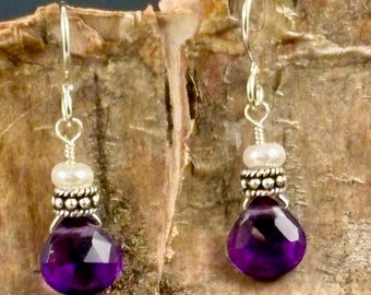 Amethyst, pearl and sterling drop earrings