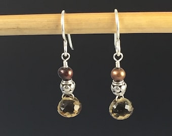 Beer quartz, sterling and pearl earrings